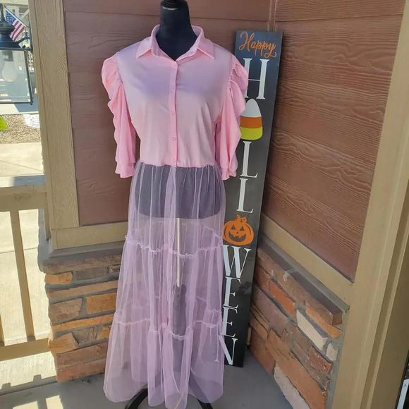 Pretty in Pink Button Down Puff Sleeve Sheer Mesh Tulle Skirt Top Size Medium - Picture 1 of 15